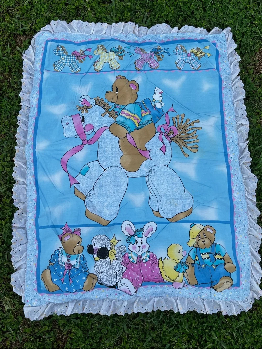 VTG Horse Teddy Bear Animal Friends Puffy Baby Blanket Comforter Crib Bedding